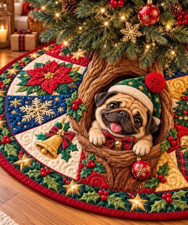 Christmas Pug Wishes Tree Skirt — Adorable Pug Holiday Skirt, Made-To-Order Pet Lover Gift For Festive Seasonal Decor