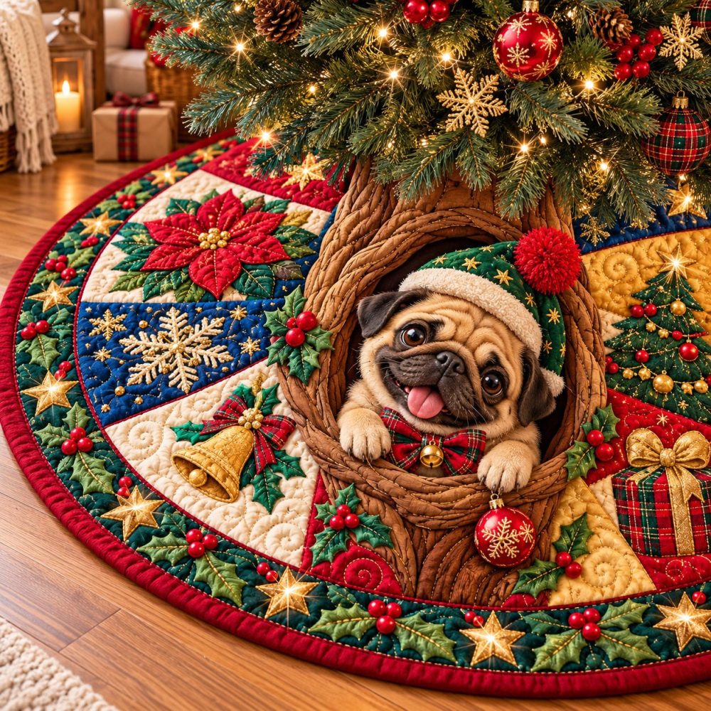 Christmas Pug Wishes Tree Skirt — Adorable Pug Holiday Skirt, Made-To-Order Pet Lover Gift For Festive Seasonal Decor