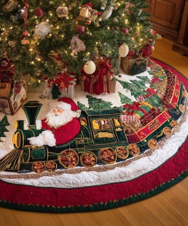 Rail Route Vintage Holiday Tree Skirt - Custom-Made Christmas Tree Collar With Train Motif, Rustic Festive Décor, Made-To-Order