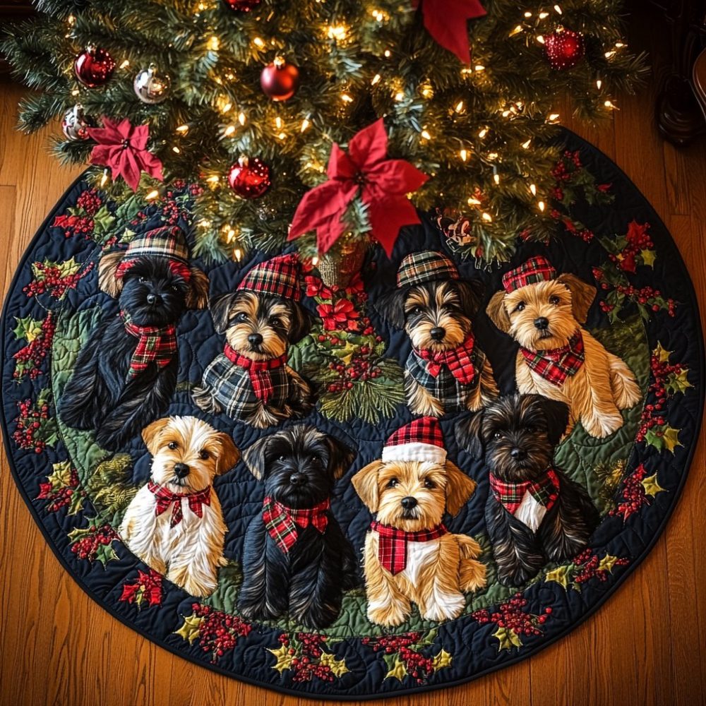 Scottie Dog Cheer Tree Skirt — Scottish Terrier Holiday Design, Durable Quilted Finish, Custom Embroidery Option, Handmade Seasonal Decor