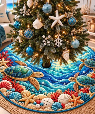 Coastal Christmas Sea Turtles Tree Skirt - Handcrafted Ocean-Themed Holiday Decor, Made-To-Order With Durable Materials