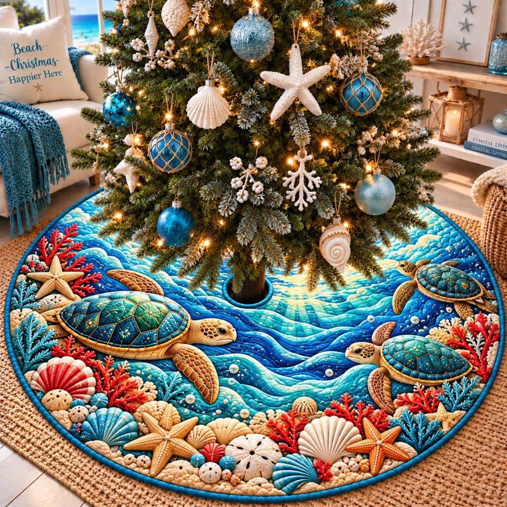 Coastal Christmas Sea Turtles Tree Skirt - Handcrafted Ocean-Themed Holiday Decor, Made-To-Order With Durable Materials