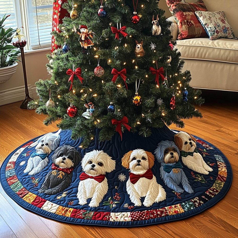 Shih Tzu Cheer Holiday Tree Skirt — Cheerful Shih Tzu Christmas Design, Reversible, Embroidered Option, Luxury Fabric, Made To Order