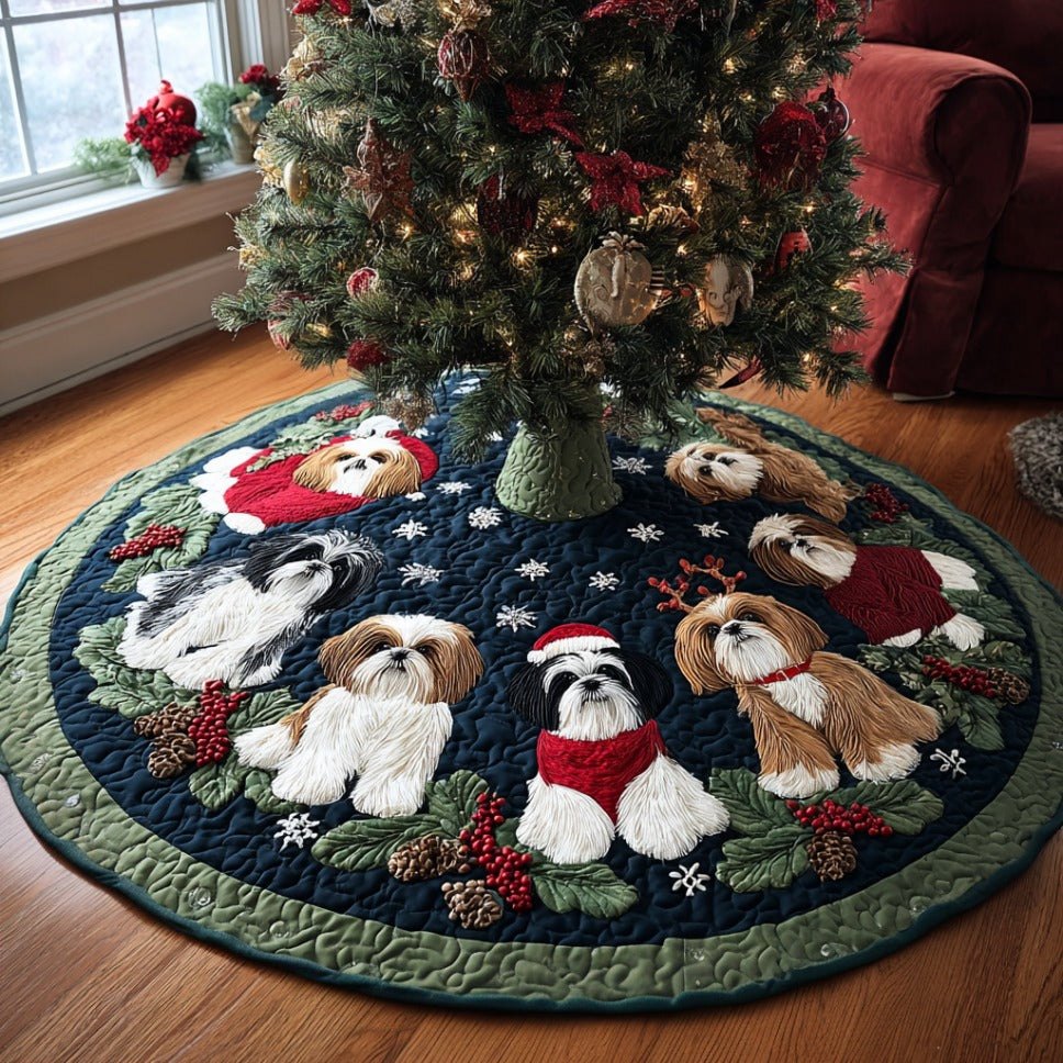 Shih Tzu Holiday Tree Skirt — Cute Shih Tzu Dog Design, Soft Velvet Finish, Personalized Name Embroidery Available, Handmade, Made To Order