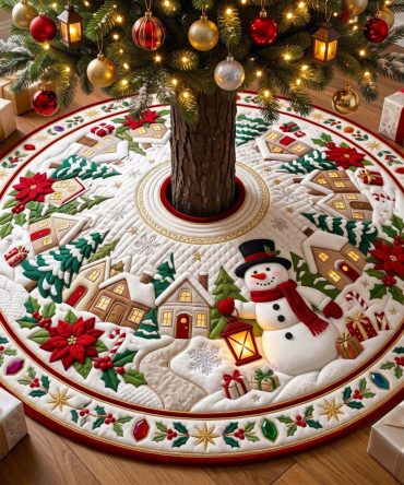 Handcrafted Snowman & Poinsettia Christmas Tree Skirt - Custom-Made Holiday Tree Collar, Plush Fabric, Gift-Ready