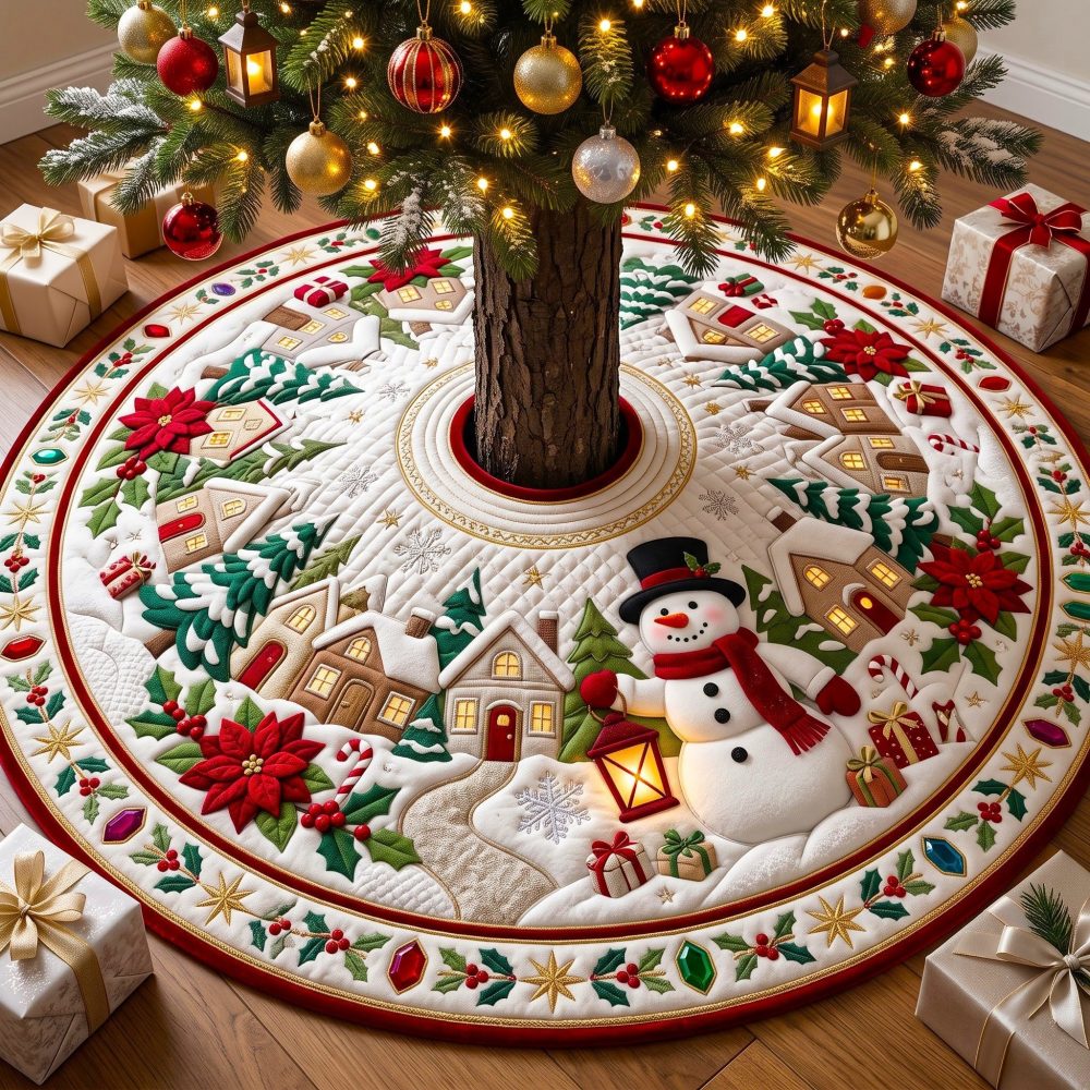 Handcrafted Snowman & Poinsettia Christmas Tree Skirt - Custom-Made Holiday Tree Collar, Plush Fabric, Gift-Ready