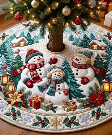 Festive Snowman Trio Lanterns Christmas Tree Skirt - Handsewn Holiday Tree Collar, Made-To-Order With Plush Detailing