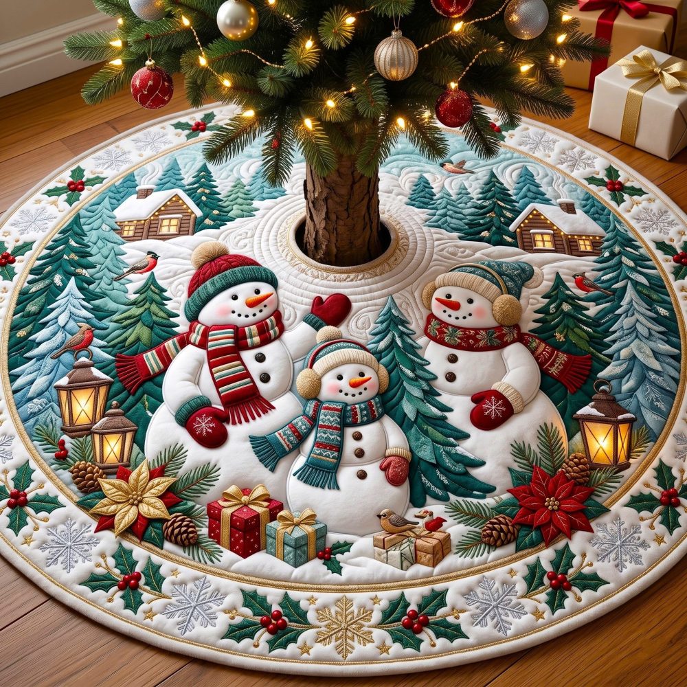Festive Snowman Trio Lanterns Christmas Tree Skirt - Handsewn Holiday Tree Collar, Made-To-Order With Plush Detailing