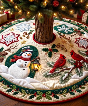 Snowman & Cardinal Pine Bough Christmas Tree Skirt - Premium Handmade Holiday Skirt, Custom Options, Festive Red Accents