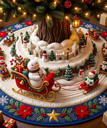 Snowman Sleigh Parade Christmas Tree Skirt - Custom-Made Holiday Skirt, Durable Fabric, Perfect Seasonal Gift