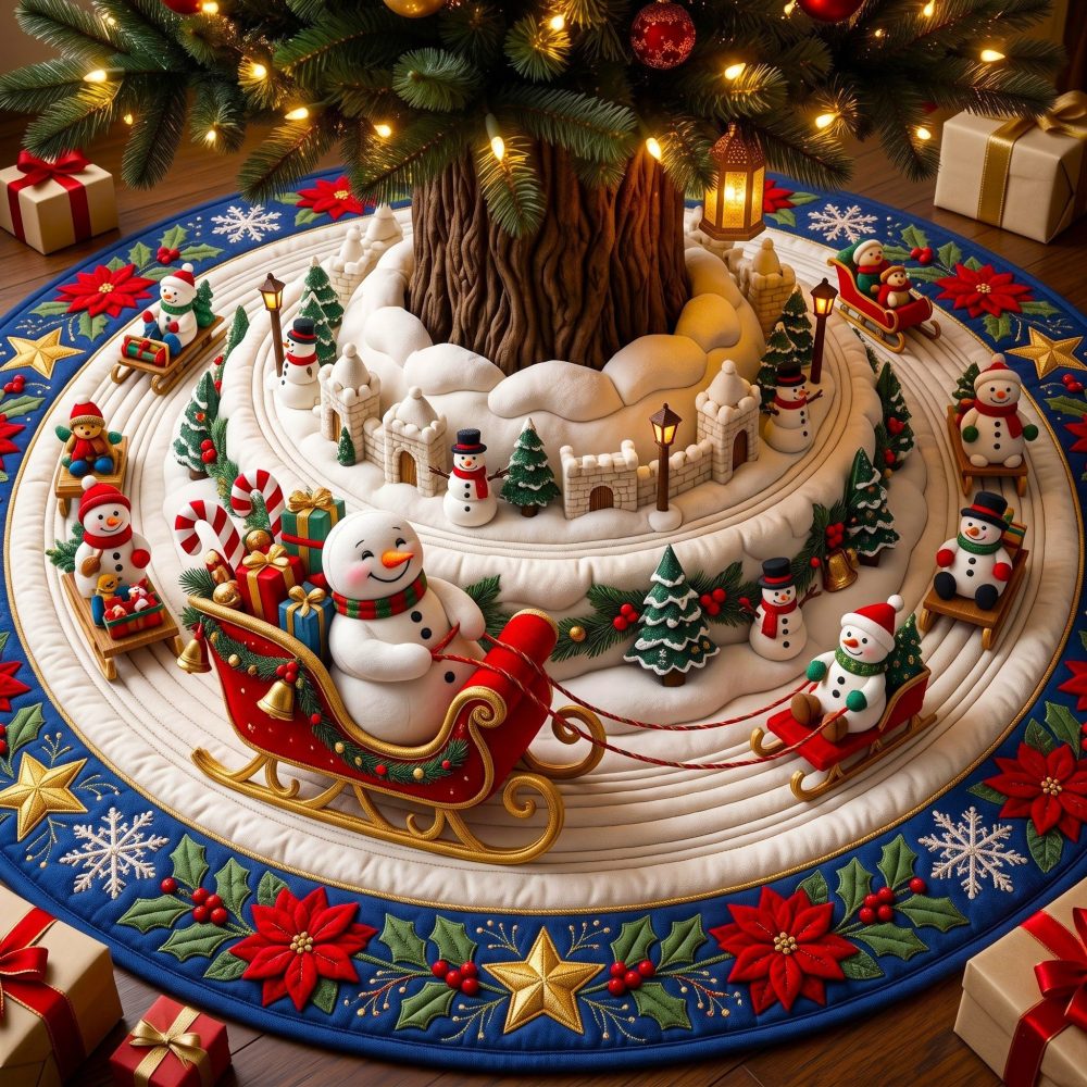Snowman Sleigh Parade Christmas Tree Skirt - Custom-Made Holiday Skirt, Durable Fabric, Perfect Seasonal Gift