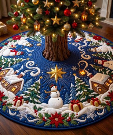 Snowman Star Village Blue Christmas Tree Skirt - Handcrafted Navy Holiday Tree Collar, Custom Sizing Available
