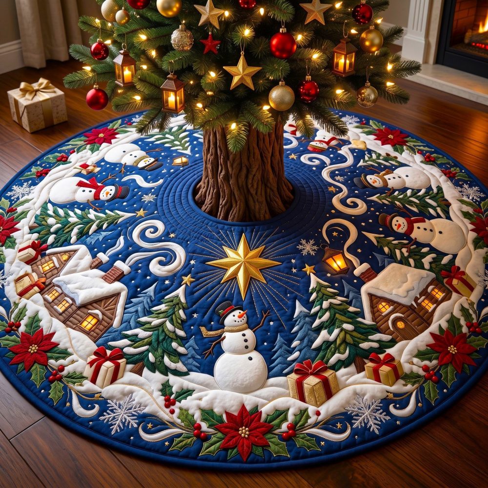 Snowman Star Village Blue Christmas Tree Skirt - Handcrafted Navy Holiday Tree Collar, Custom Sizing Available
