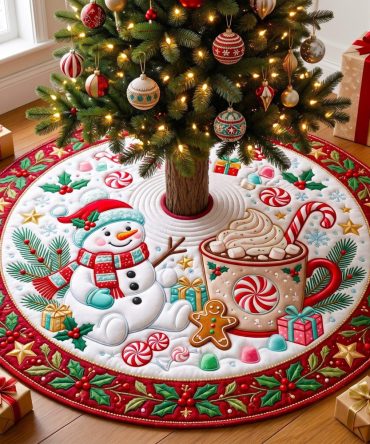Cozy Snowman Cocoa & Candy Cane Christmas Tree Skirt - Made-To-Order Holiday Decor, Plush Applique, Personalized Options