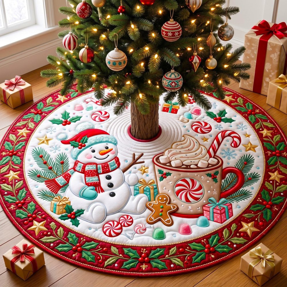 Cozy Snowman Cocoa & Candy Cane Christmas Tree Skirt - Made-To-Order Holiday Decor, Plush Applique, Personalized Options