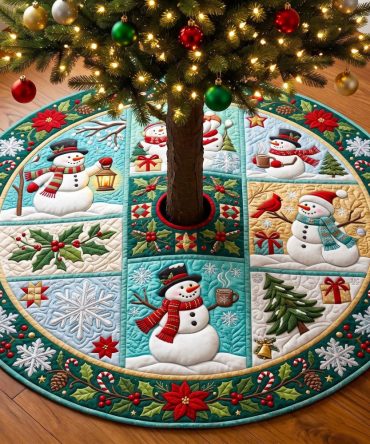 Snowman Teal Patchwork Squares Tree Skirt — Handcrafted Teal & White Patchwork With Cheerful Snowmen, Custom Sizes For Modern Holiday Decor