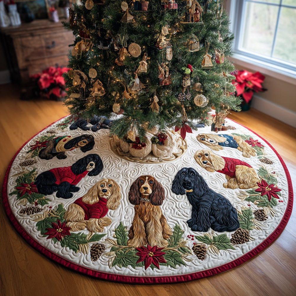 Spaniel Christmas Tree Skirt — Adorable Spaniel Dog Holiday Design, Soft Durable Fabric, Personalized Name Option, Handmade To Order