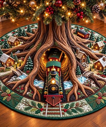 Classic Christmas Train Tree Skirt — Handmade Holiday Skirt With Festive Train Scene, Durable Fabric, Custom Size Options, Made To Order