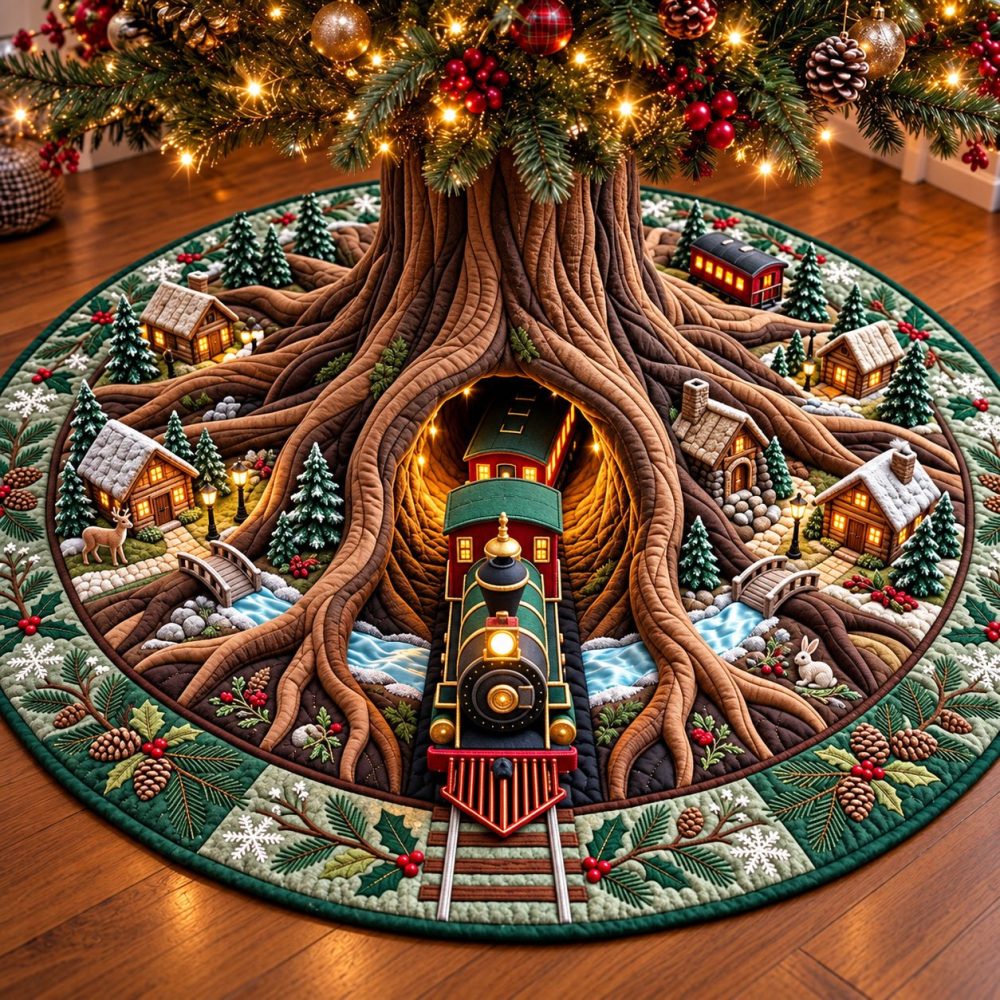 Classic Christmas Train Tree Skirt — Handmade Holiday Skirt With Festive Train Scene, Durable Fabric, Custom Size Options, Made To Order