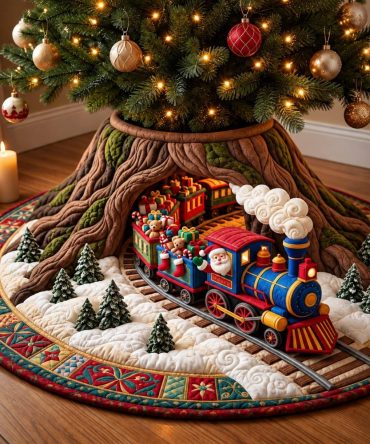 Railway Christmas Tunnel Tree Skirt — Custom-Made Holiday Tree Skirt Featuring Festive Train & Scenic Tunnel Artwork