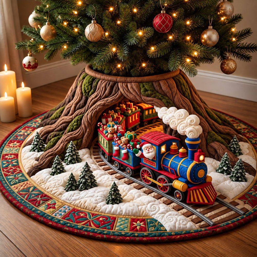 Railway Christmas Tunnel Tree Skirt — Custom-Made Holiday Tree Skirt Featuring Festive Train & Scenic Tunnel Artwork
