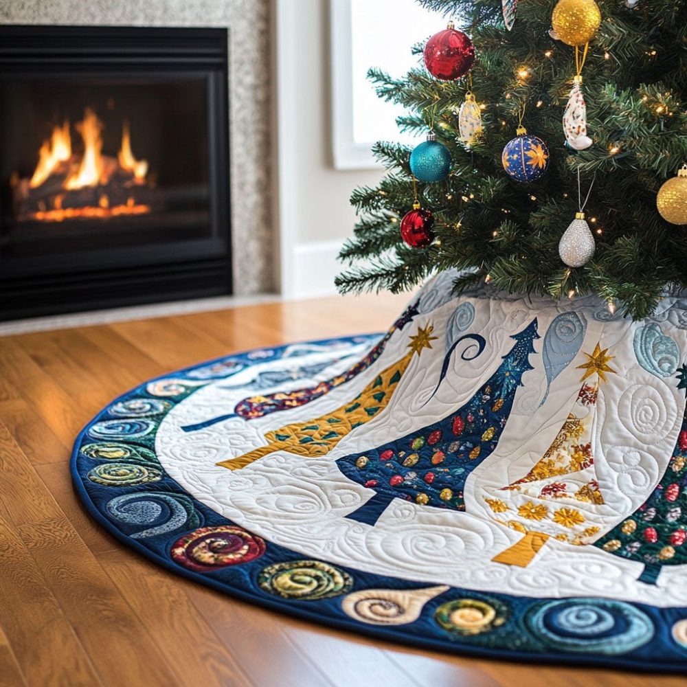Christmas Tree Joy Skirt — Bright Festive Patterns, Reversible Design, Soft Quilted Backing, Custom Sizes, Handmade Holiday Tree Mat