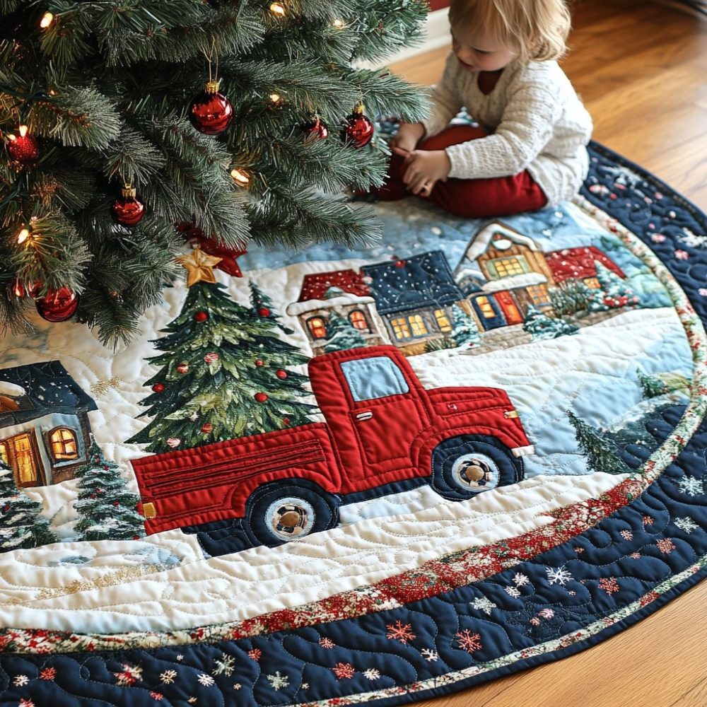 Red Truck Bringing The Tree Tree Skirt — Rustic Holiday Scene With Pickup & Tree, Custom Sizes, Handcrafted Seasonal Centerpiece, Made-To-Order