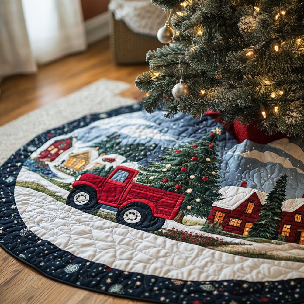 Vintage Red Truck Snow Hills Tree Skirt — Retro Pickup Carrying Tree, Scenic Winter Landscape, Custom Holiday Decor, Made-To-Order
