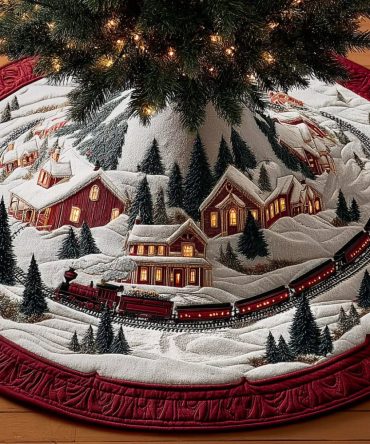 Alpine Express Holiday Tree Skirt — Mountain Train & Village Motif, Plush Winter Felt, Custom Sizes, Tailored Handmade Christmas Accent