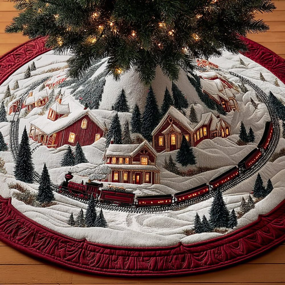 Alpine Express Holiday Tree Skirt — Mountain Train & Village Motif, Plush Winter Felt, Custom Sizes, Tailored Handmade Christmas Accent