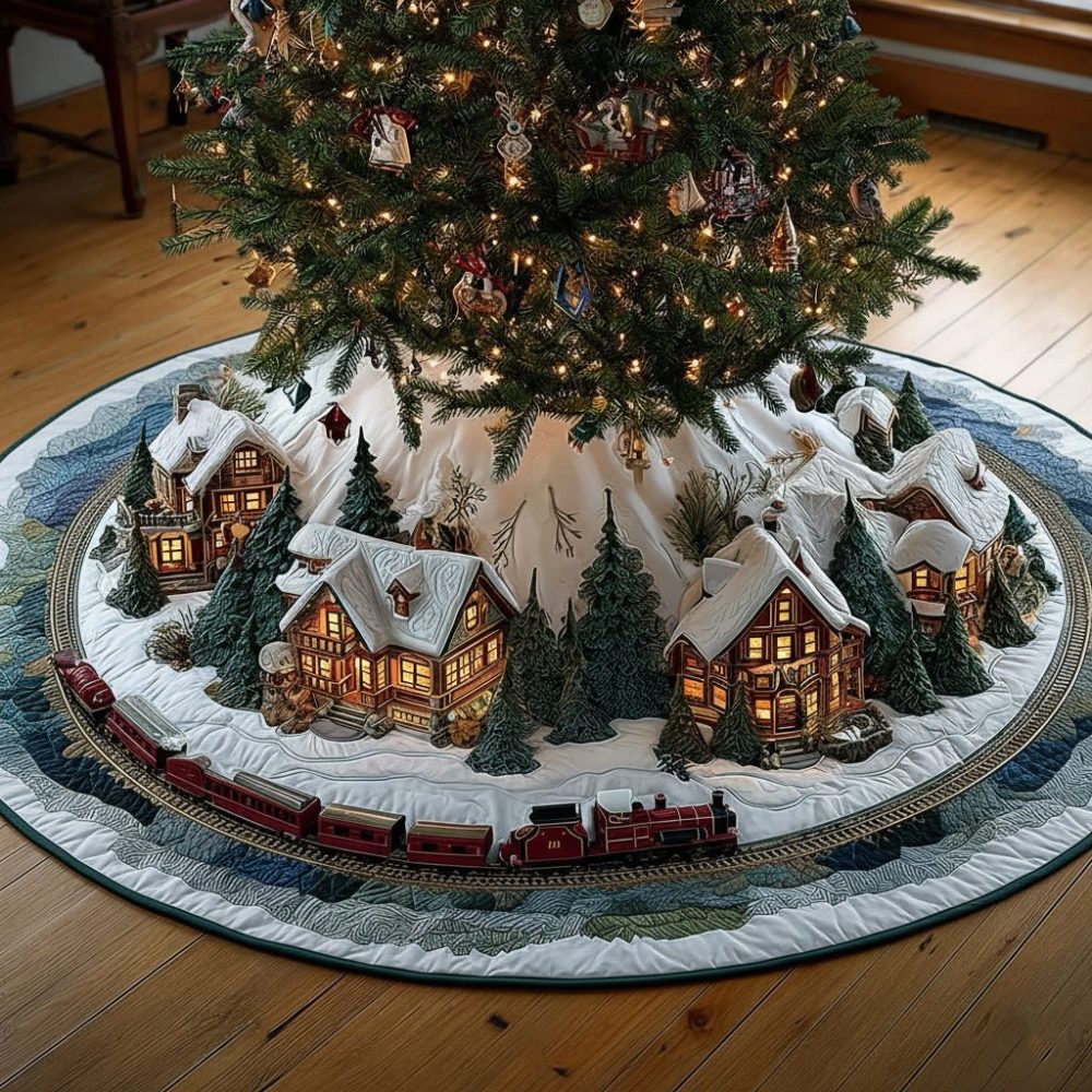 Festive Train Christmas Tree Skirt — Colorful Holiday Locomotive Design, Durable Quilted Edge, Custom Sizes, Handmade Holiday Decor