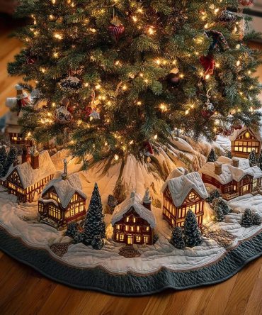 Hearth Glow Holiday Tree Skirt — Cozy Fireplace Village Scene, Plush Velvet Backing, Decorative Quilted Holiday Accent, Made To Order