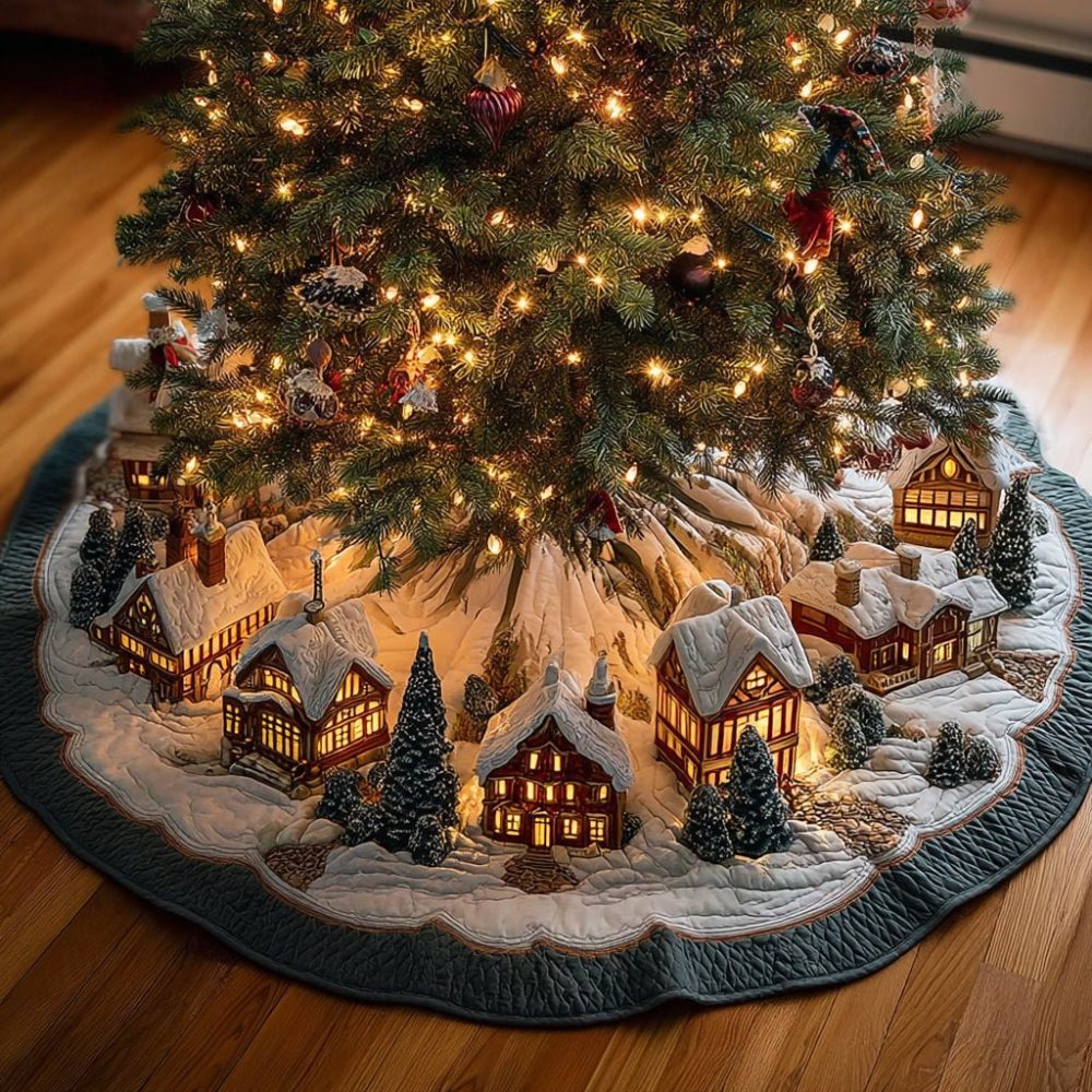 Hearth Glow Holiday Tree Skirt — Cozy Fireplace Village Scene, Plush Velvet Backing, Decorative Quilted Holiday Accent, Made To Order