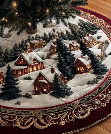 Red Tapestry Christmas Tree Skirt — Elegant Holiday Tapestry Design, Rich Red & Gold Accents, Custom Handmade Tree Mantle Cover