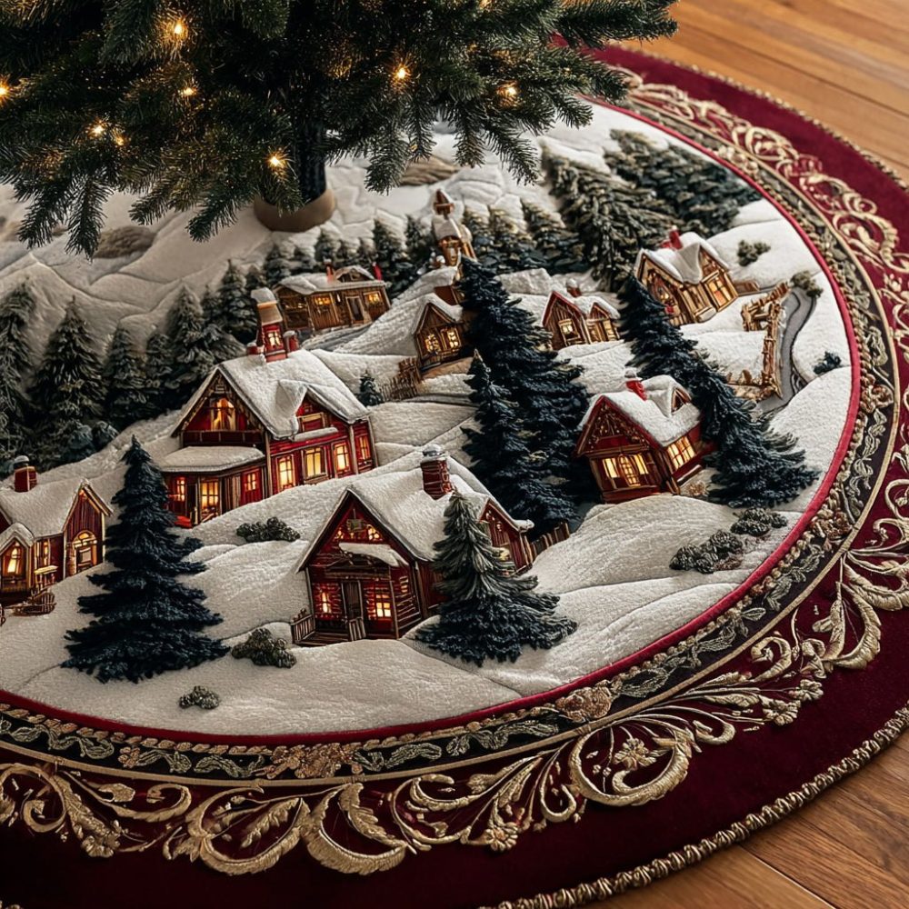 Red Tapestry Christmas Tree Skirt — Elegant Holiday Tapestry Design, Rich Red & Gold Accents, Custom Handmade Tree Mantle Cover