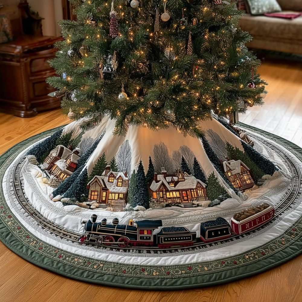Vintage Snowy Rails Tree Skirt — Handmade Winter Train Village Scene, Heavy-Duty Quilting, Personalized Holiday Tree Decor