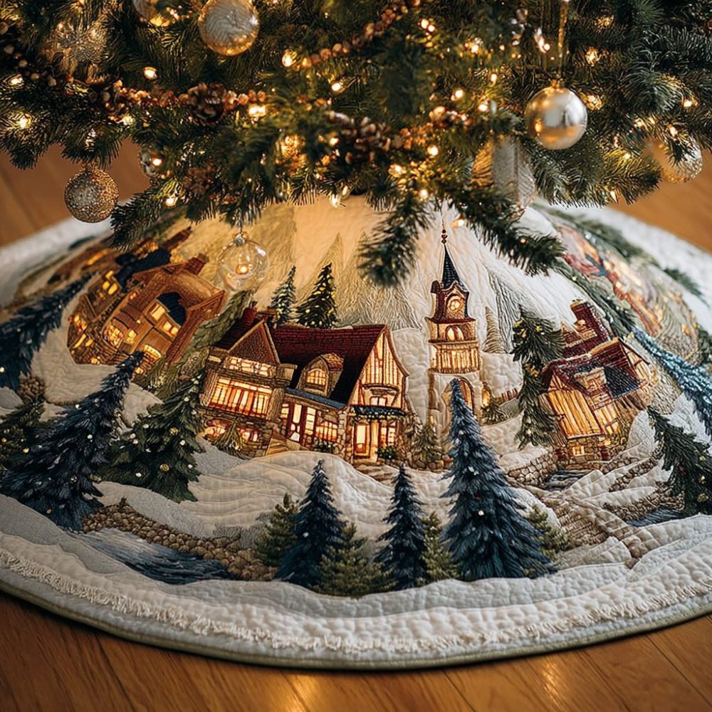 Handcrafted Winter Village Tree Skirt — Festive Holiday Town Scene, Soft Plush Quilted Base, Custom Size & Made To Order