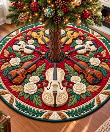 Christmas Violin Garden Tree Skirt - Handcrafted Garden-Themed Velvet Skirt With Violin & Floral Embroidery, Custom Sizes For Festive Homes