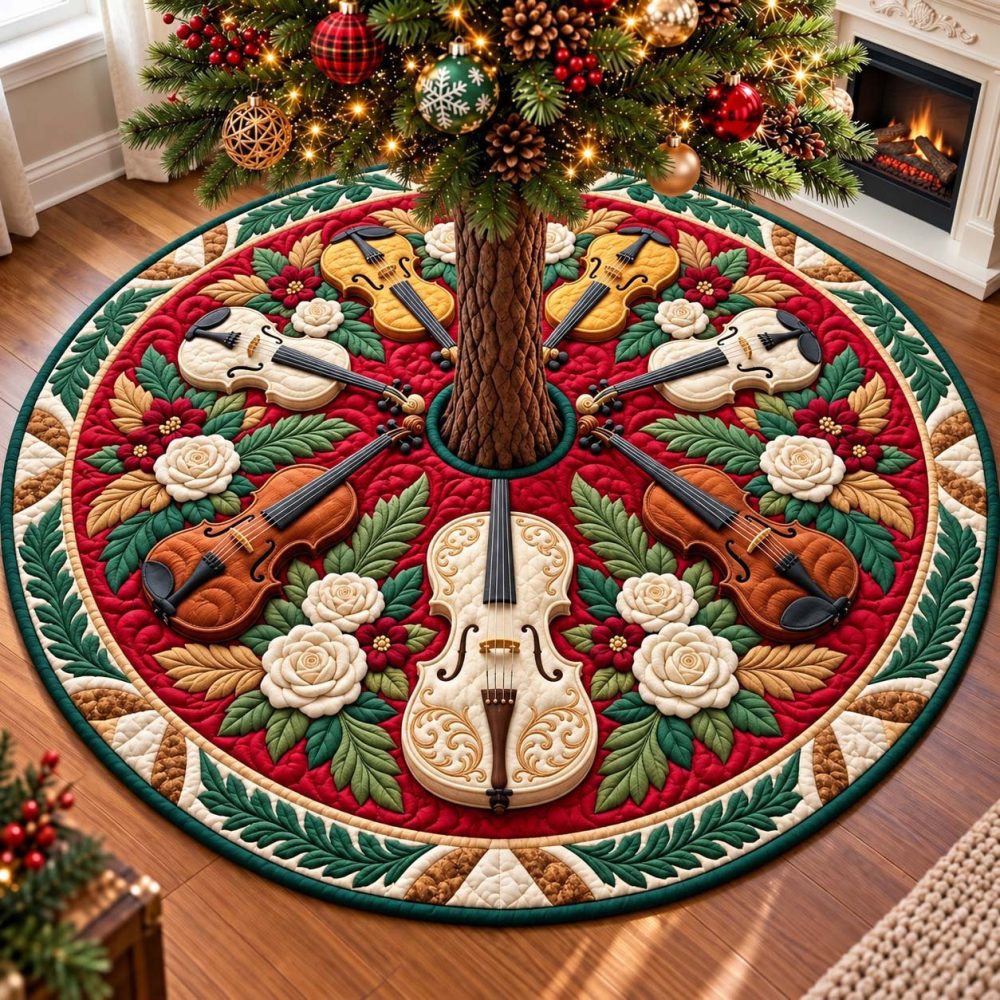 Christmas Violin Garden Tree Skirt - Handcrafted Garden-Themed Velvet Skirt With Violin & Floral Embroidery, Custom Sizes For Festive Homes