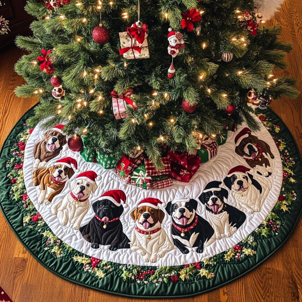 Christmas With Pitbull Tree Skirt — Bold Pitbull Holiday Artwork, Premium Construction, Custom Handmade For Pet-Loving Homes