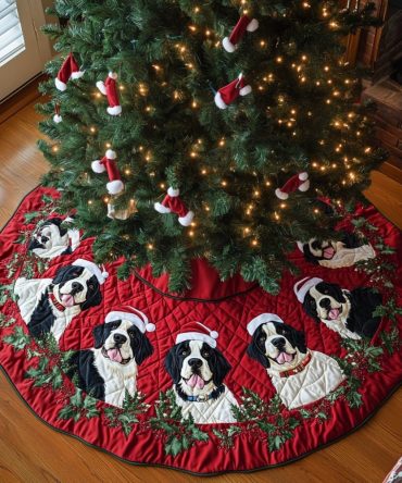 Christmas With Saint Bernard Tree Skirt — Majestic Saint Bernard Holiday Design, Durable Premium Fabric, Custom Sizes Available