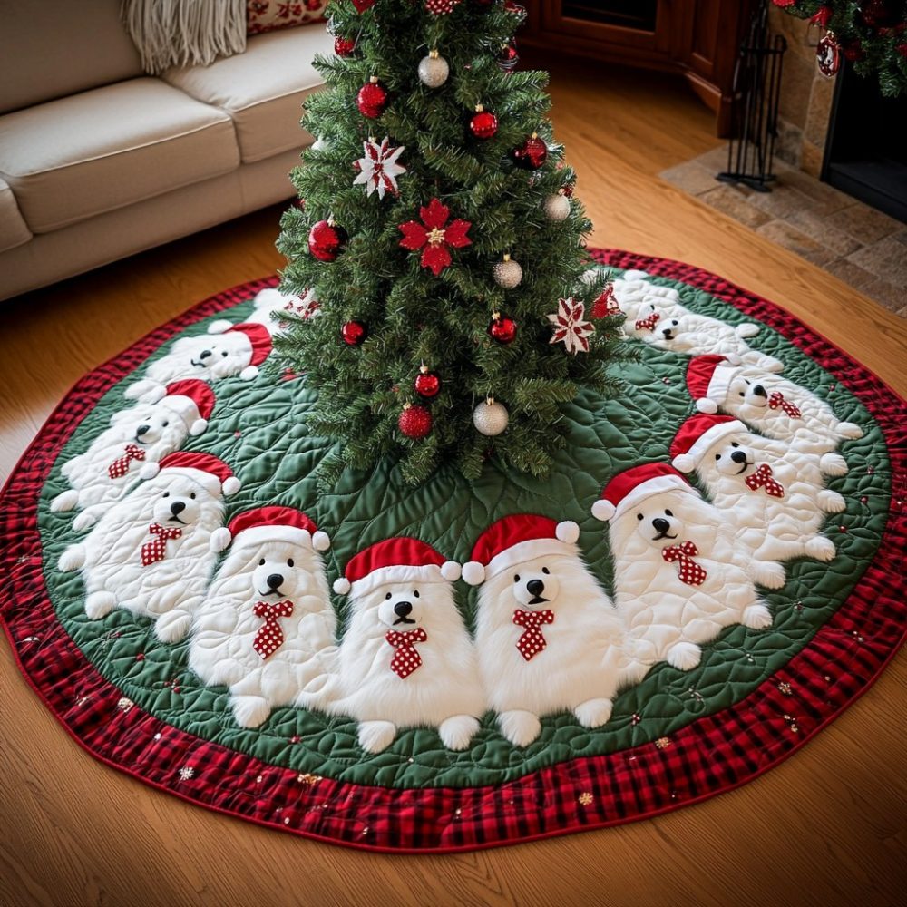 Christmas With Samoyed Tree Skirt — Fluffy Samoyed Holiday Portrait, Premium Textile, Custom Handmade To Fit 48–72" Trees