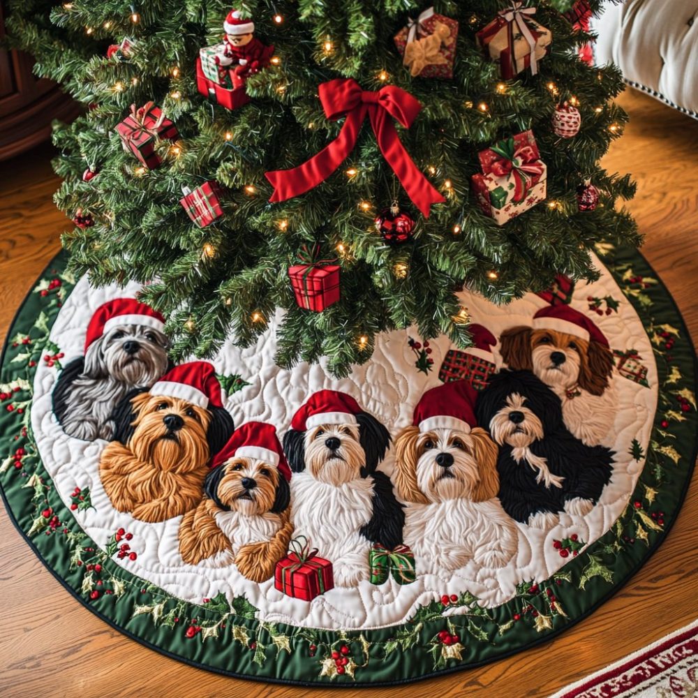 Christmas With Yorkshire Tree Skirt — Festive Yorkie Family Scene, Handcrafted Premium Fabric, Custom Fit For 36–60" Trees