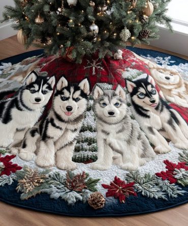 Husky Night V2 Holiday Tree Skirt — Bold Husky Christmas Skirt, Personalized Made-To-Order For Snowy Winter Themes