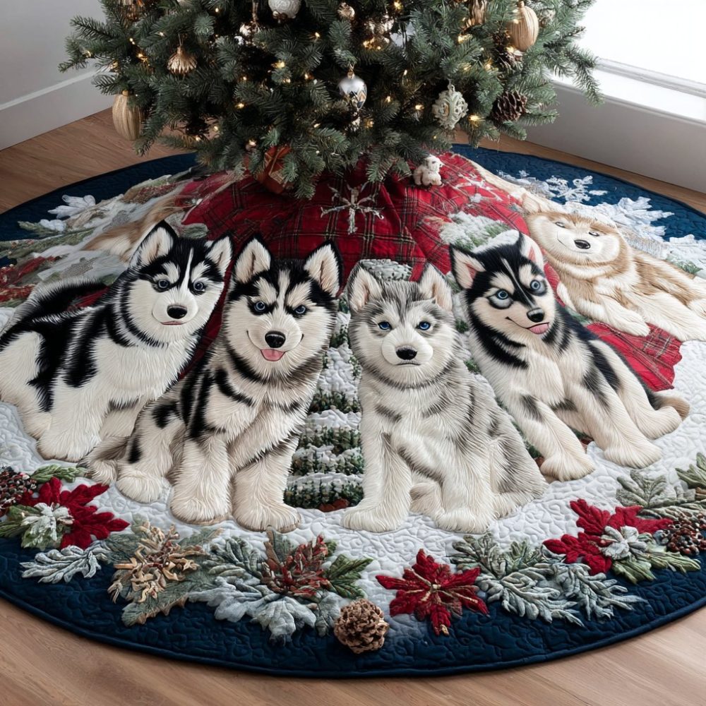 Husky Night V2 Holiday Tree Skirt — Bold Husky Christmas Skirt, Personalized Made-To-Order For Snowy Winter Themes
