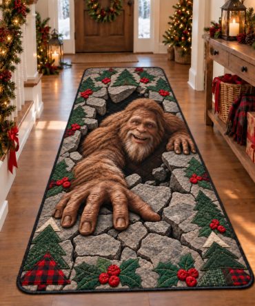 Christmas Bigfoot Runner Carpet - Festive Holiday Stairway Runner, Non-Slip, Low-Pile Hallway Rug With Winter Sasquatch Design, Durable