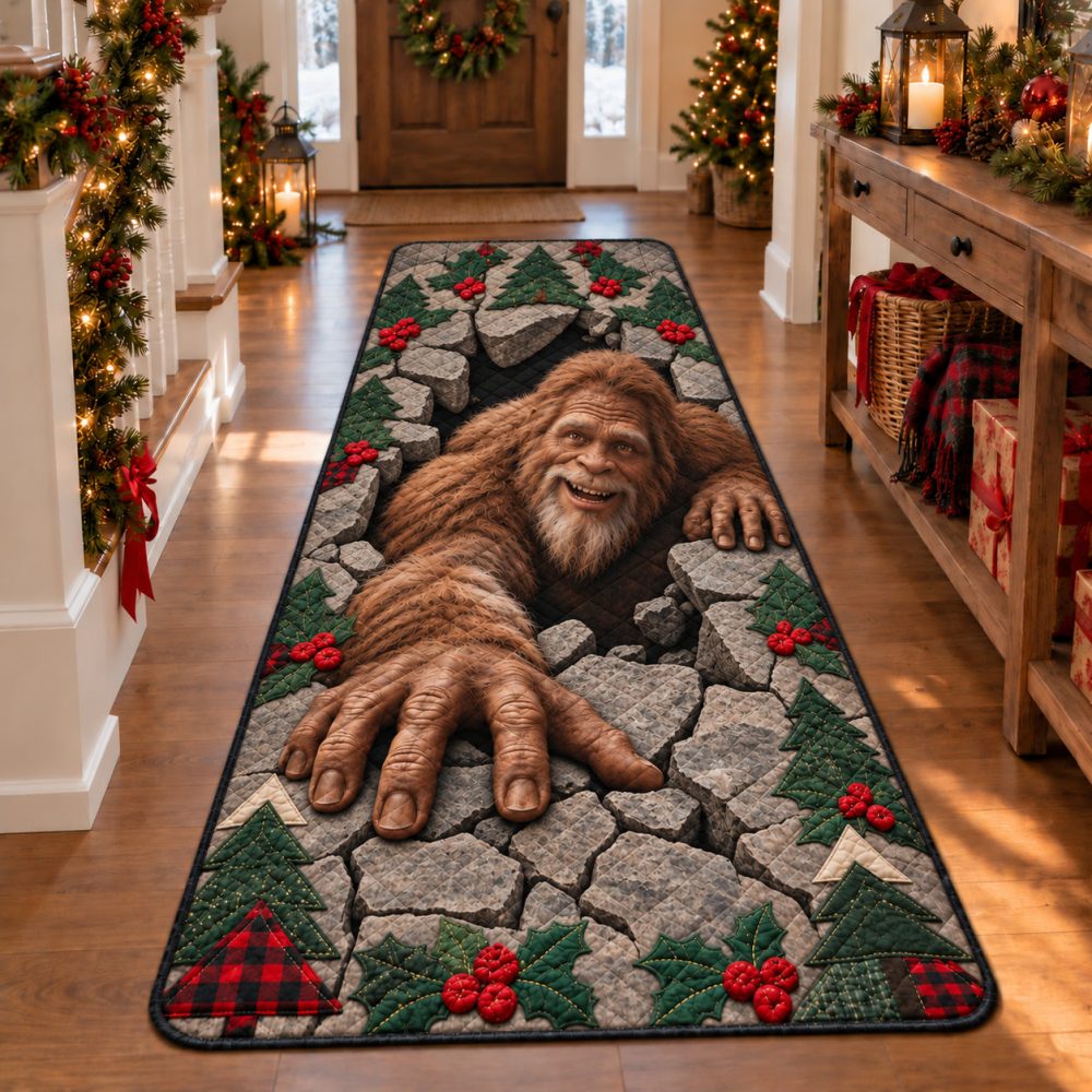 Christmas Bigfoot Runner Carpet - Festive Holiday Stairway Runner, Non-Slip, Low-Pile Hallway Rug With Winter Sasquatch Design, Durable