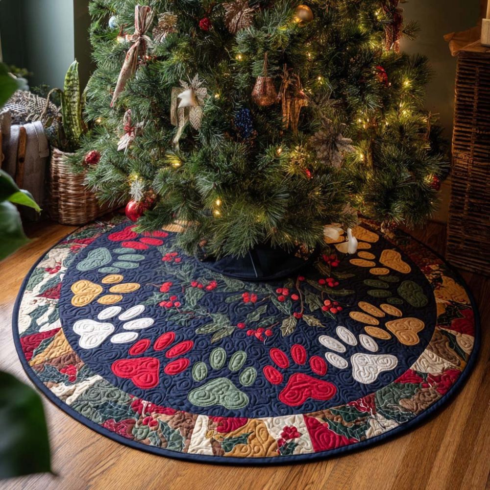 Classic Paws Christmas Tree Skirt — Adorable Pet Lover Holiday Accent, Durable Fabric, Custom Sizes 36–60" — Made-To-Order
