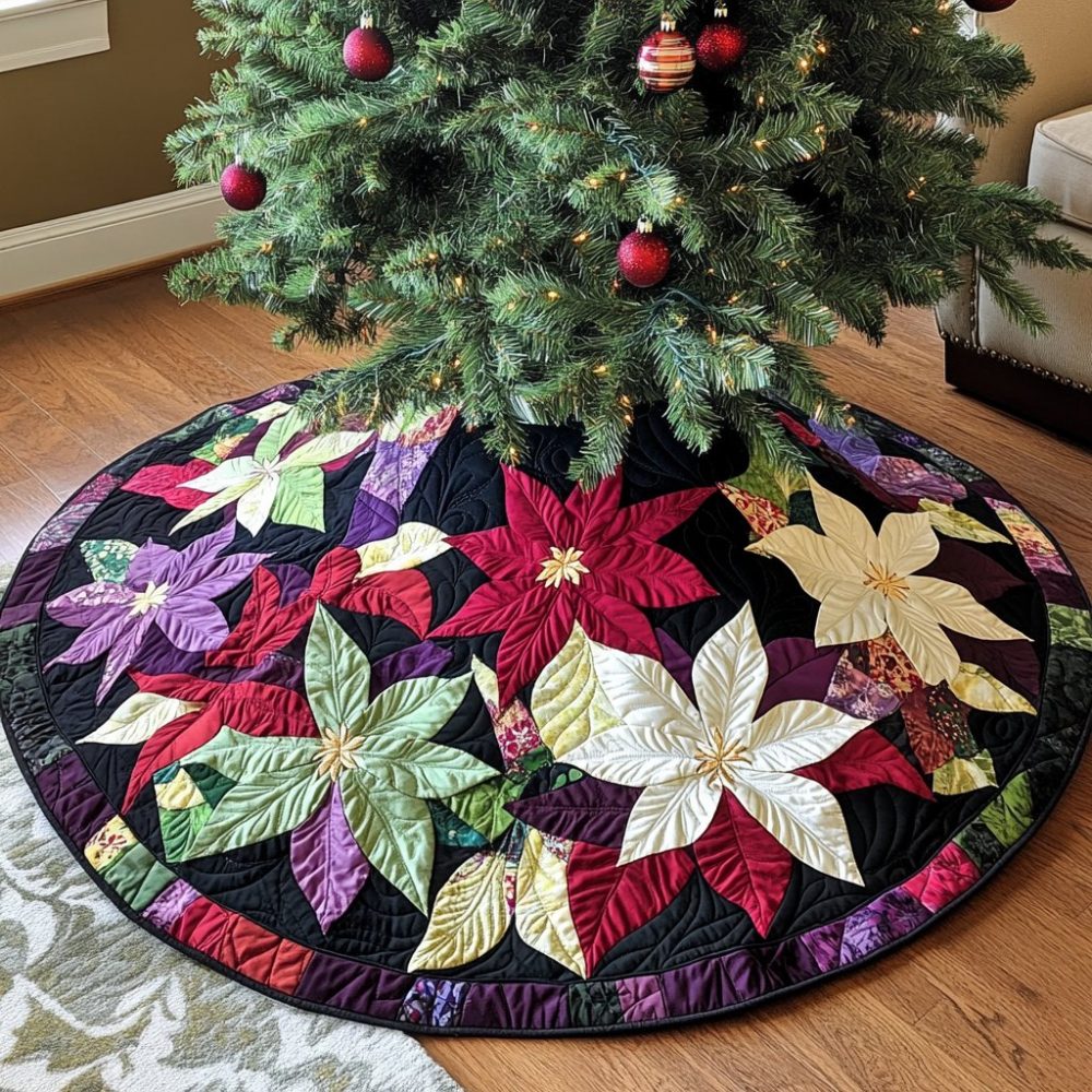 Timeless Poinsettia Christmas Tree Skirt — Classic Floral Holiday Accent, Embroidered Poinsettias, Custom-Made For 36–66" Trees