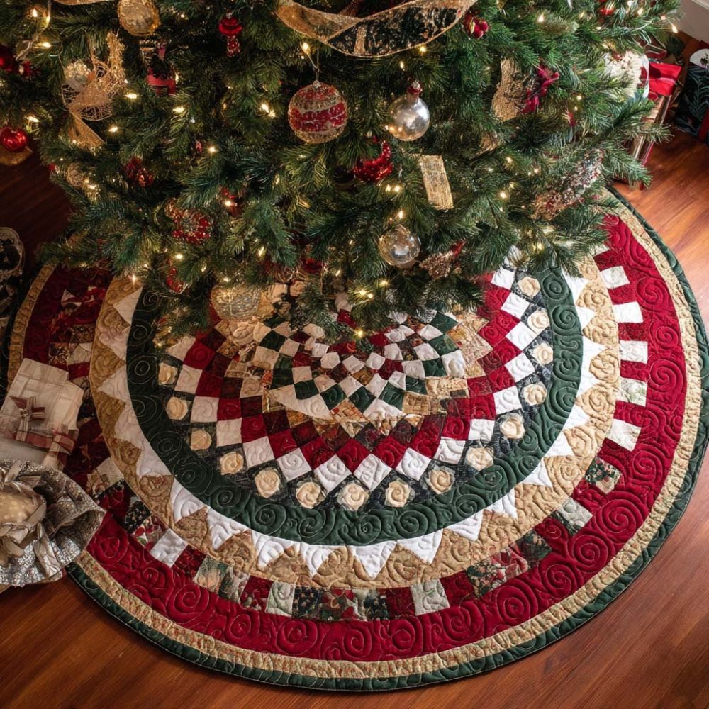 Classic Spiral Christmas Tree Skirt — Elegant Swirl Holiday Accent, Luxury Fabric, Custom Fit For 48–72" Trees, Handcrafted Made-To-Order